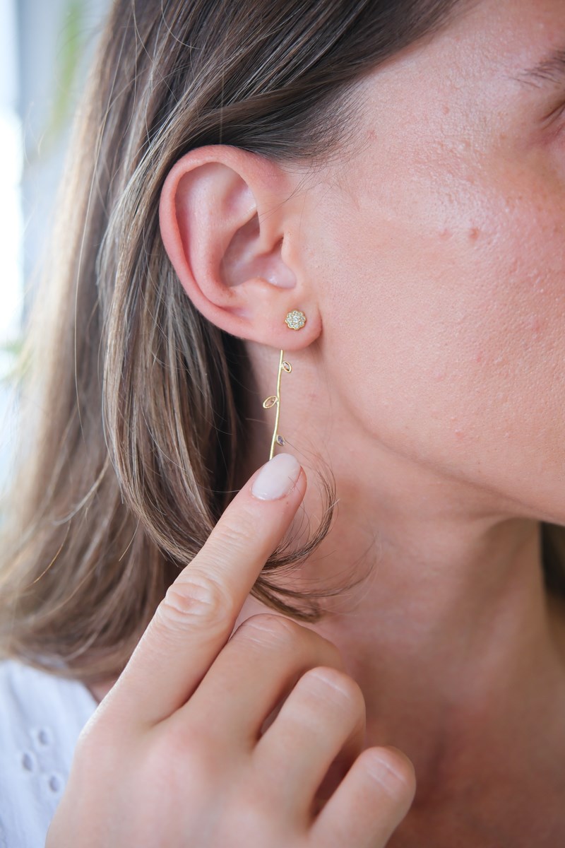 Renkli Taşlı Dal Tasarım Gold Hayalet  Küpe