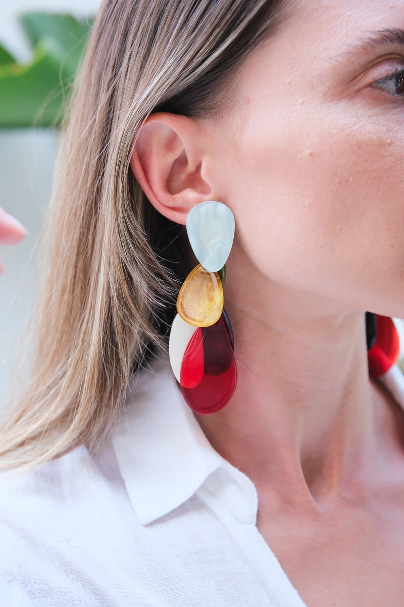 Renkli Oval Plaka Tasarım Gold Küpe