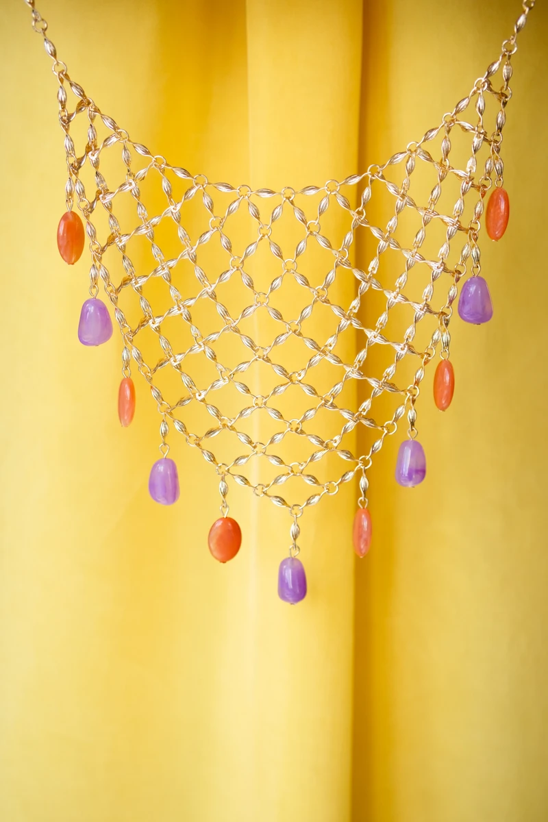 Renkli Taşlı Tasarım Gold Kolye