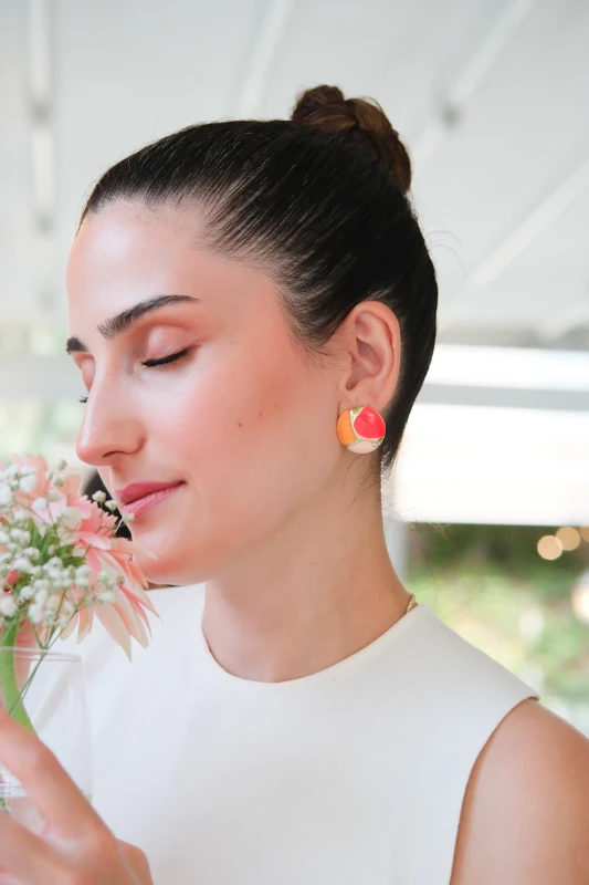 Renkli Yuvarlak Plaka Tasarım Gold Küpe