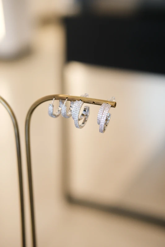 Sıra Taşlı İkili Halka Tasarım Küpe