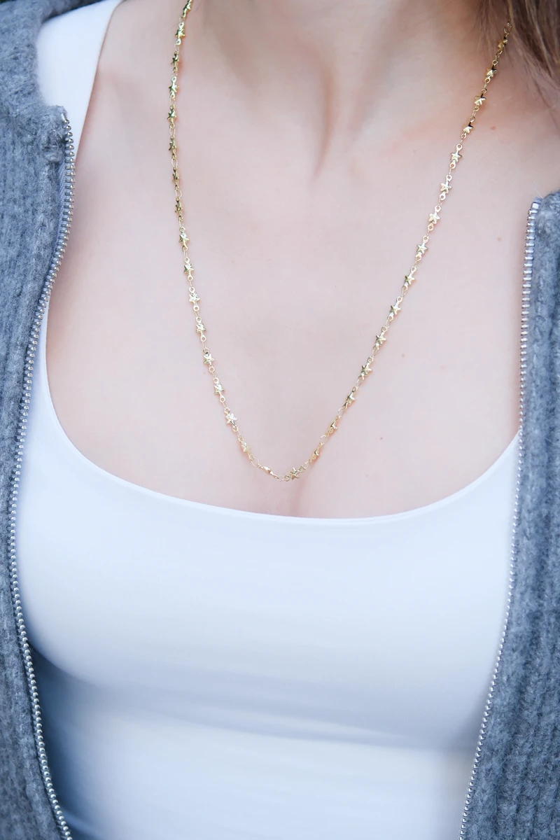 Metal Yıldız Sıralı Uzun Gold Kolye