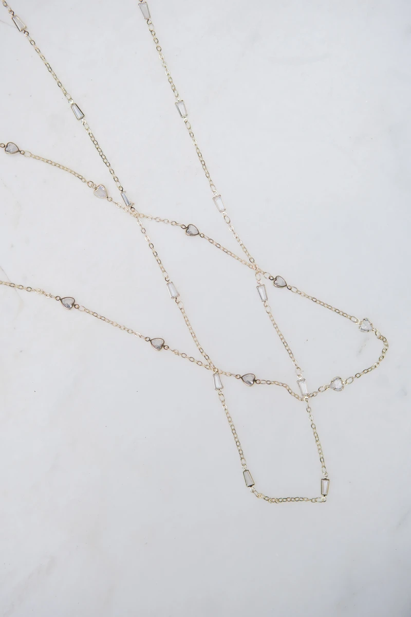 Taşlı İnce Zincir Tasarım Uzun Gold Kolye