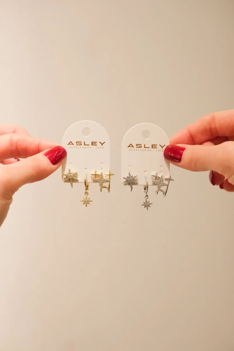 Taşlı Kutup Yıldızı Tasarım Üçlü Küpe Seti