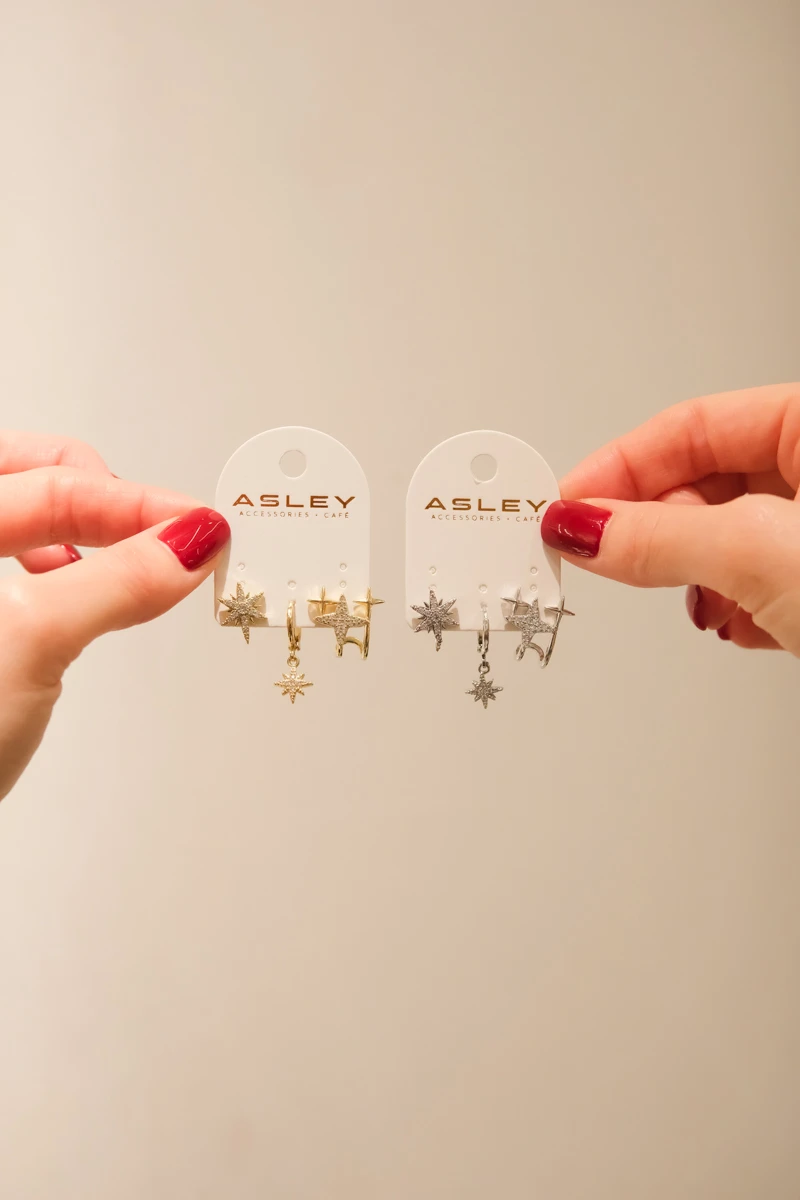 Taşlı Kutup Yıldızı Tasarım Üçlü Küpe Seti