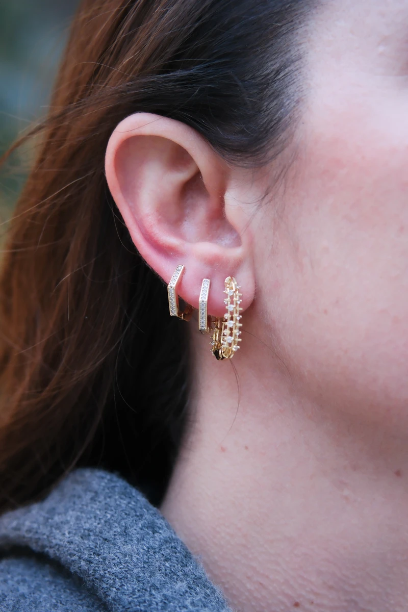 Taşlı Oval ve Altıgen Halka Tasarım Üçlü Küpe