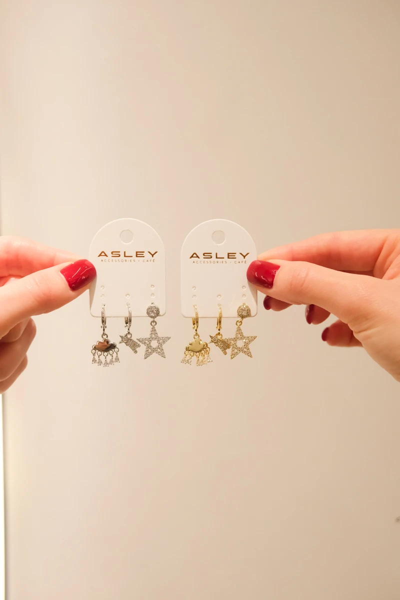 Taşlı Yıldız ve Bulut Detaylı Tasarım Üçlü Küpe Seti