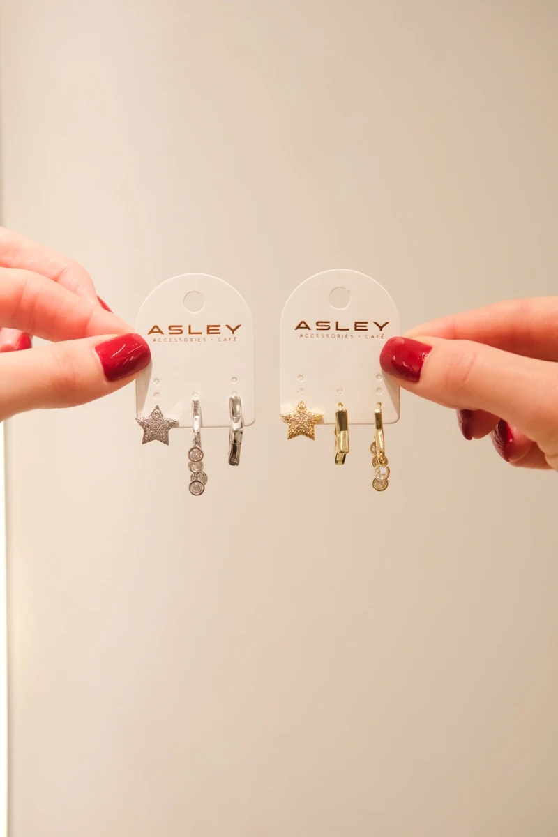 Yıldız ve Yuvarlak Taşlı Halka Detaylı Tasarım Üçlü Küpe Seti