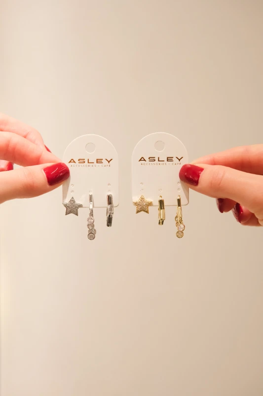 Yıldız ve Yuvarlak Taşlı Halka Detaylı Tasarım Üçlü Küpe Seti