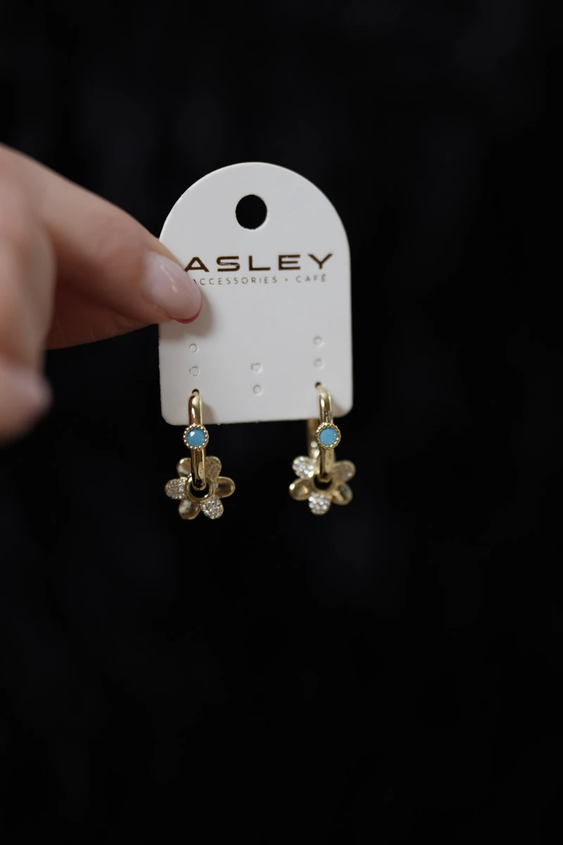 Taşlı Papatya Detaylı Oval Halka Tasarım Küpe