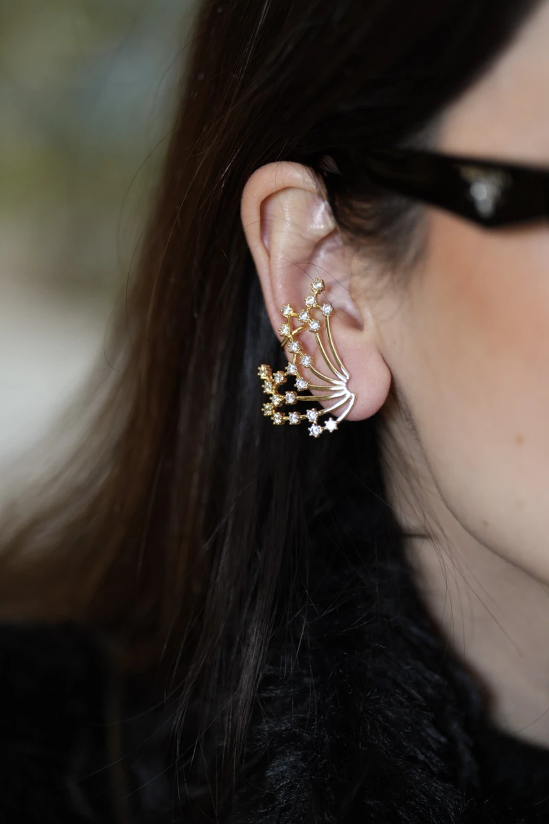 Uç Kısmı Taşlı Kanat Tasarım Gold Küpe