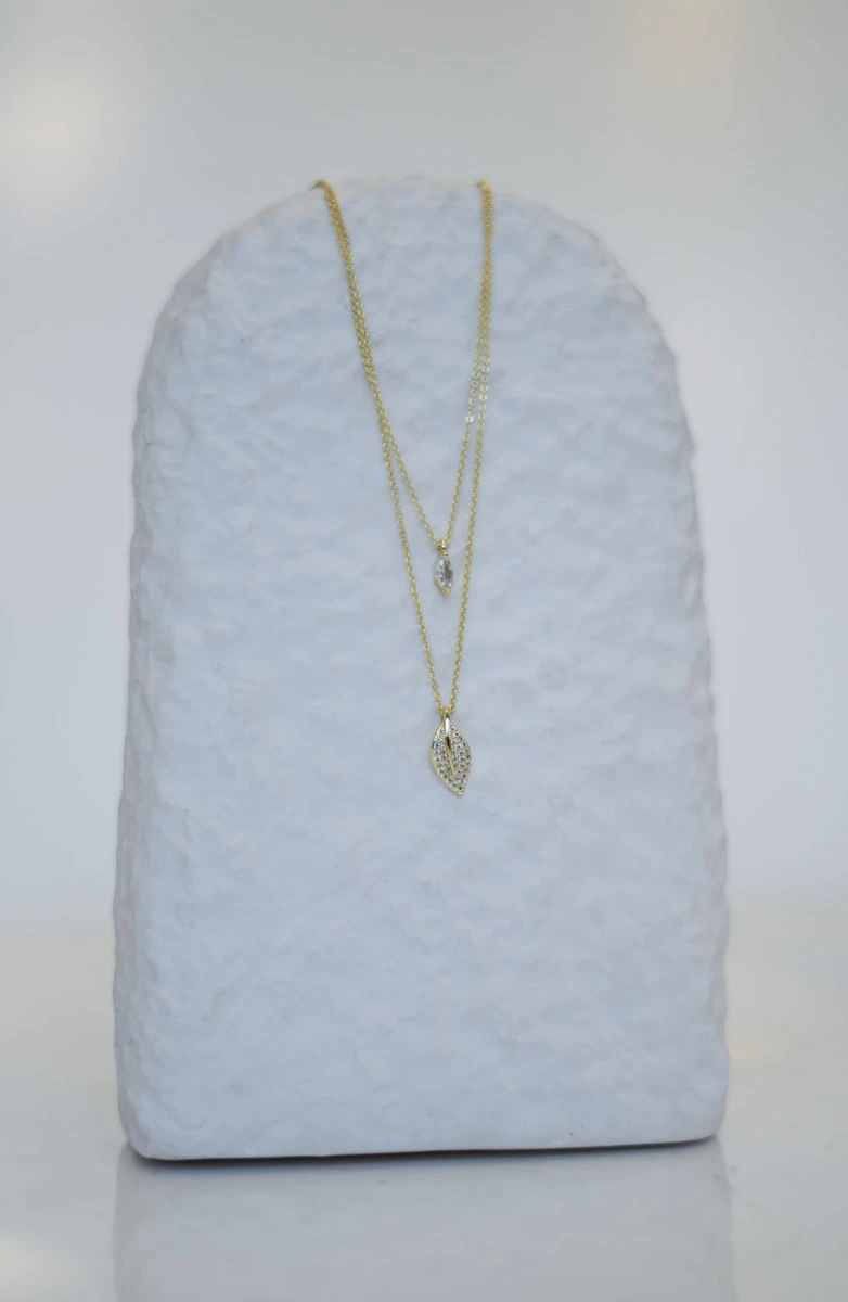 Taşlı Yaprak Detaylı İkili Tasarım Kolye