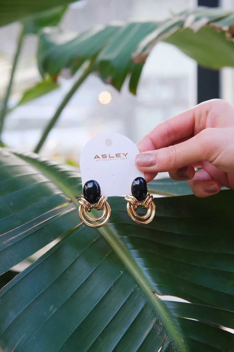 Siyah Opal Taş Detaylı İkili Halka Tasarım Küpe