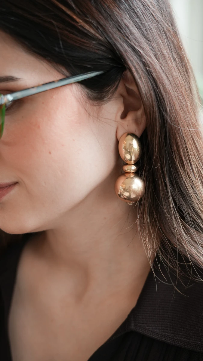 İkili Topçuk Detaylı Mat Gold Küpe