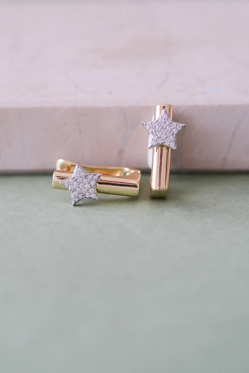 Gümüş Taşlı Yıldız Detaylı Gold Oval Halka Küpe