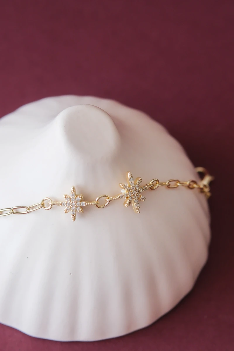 Taşlı İkili Kutup Yıldızı Tasarım Gold Bileklik