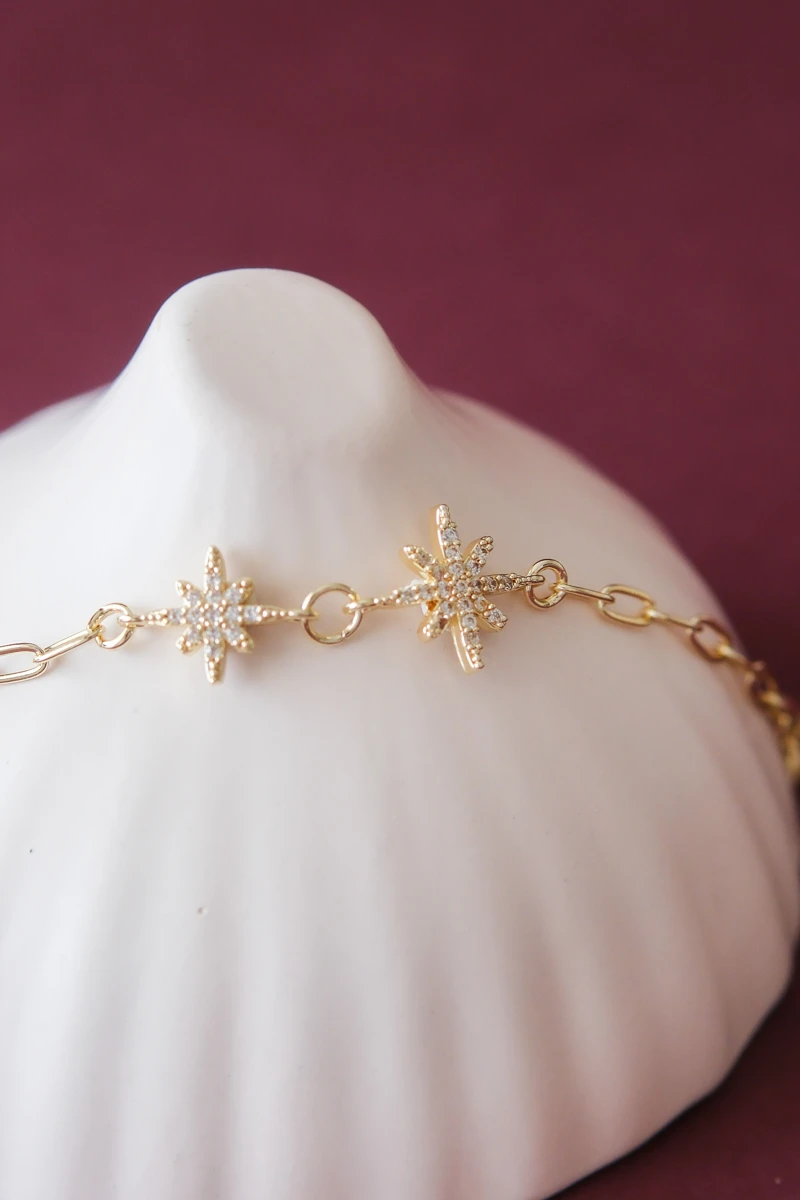 Taşlı İkili Kutup Yıldızı Tasarım Gold Bileklik