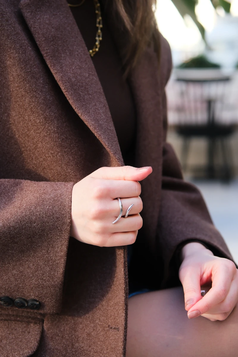 Metal Yılan Tasarım Uzun Gümüş Yüzük 