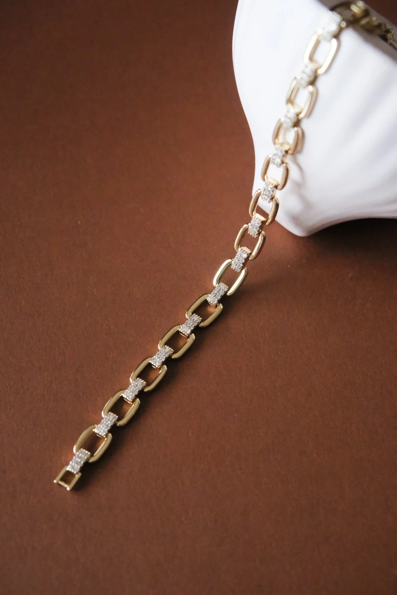 Araları Taşlı Oval Halka Birleşimli Gold Bileklik