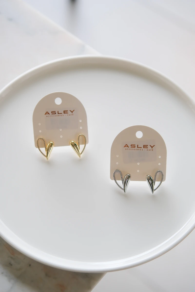 Taşlı Ve Metal Kalp Tasarım Sabit Gümüş Küpe