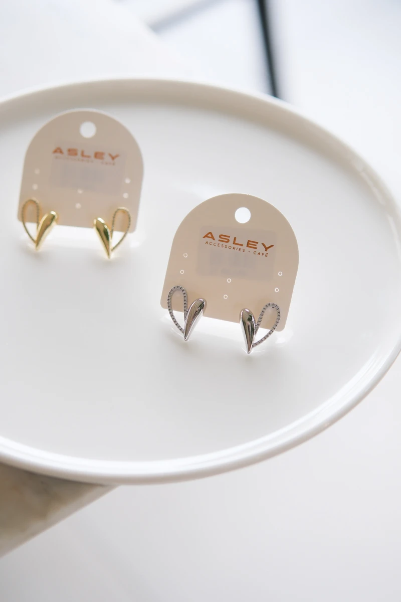 Taşlı Ve Metal Kalp Tasarım Sabit Gümüş Küpe